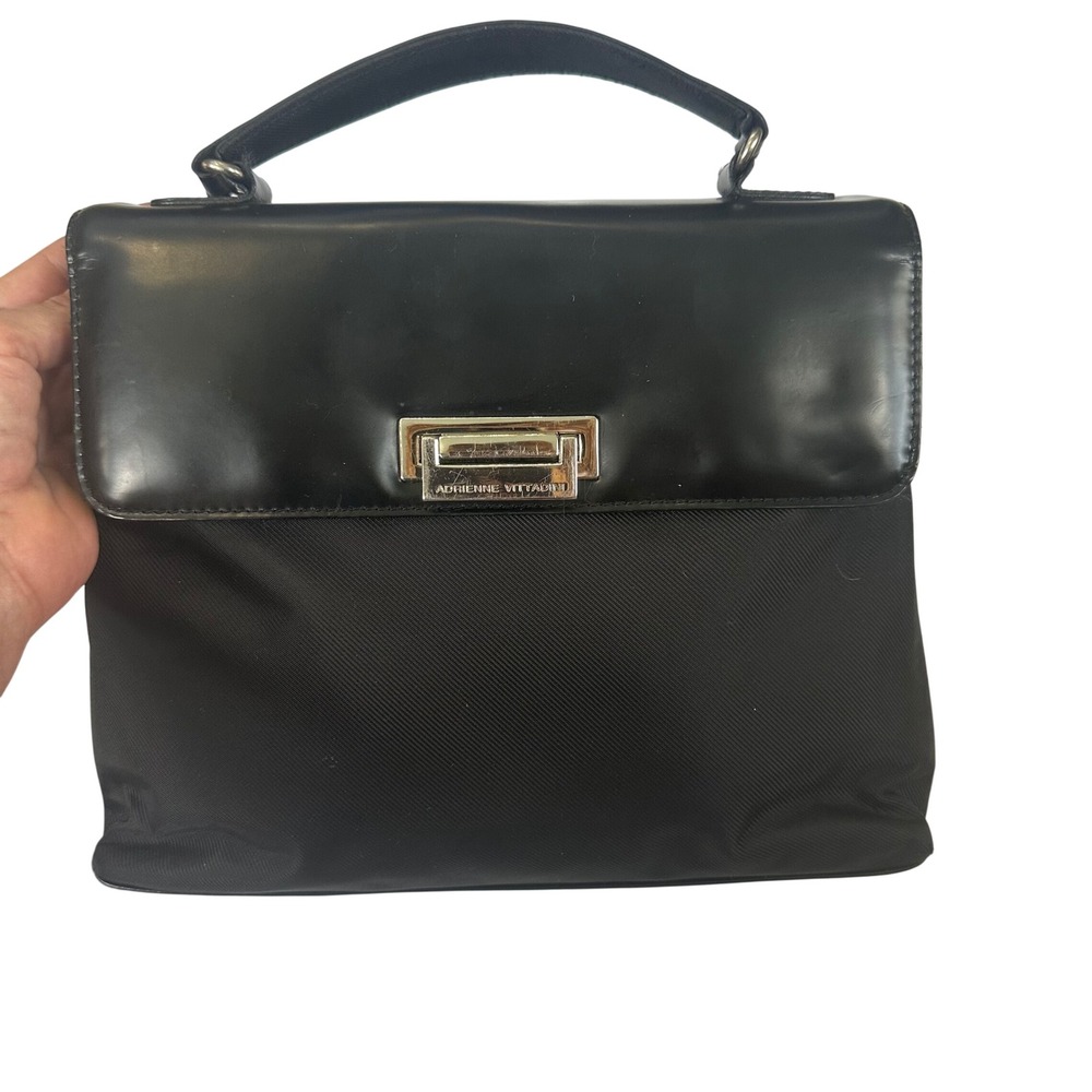 Adrienne Vittadini Black Nylon Faux Leather Top Handle Satchel Handbag